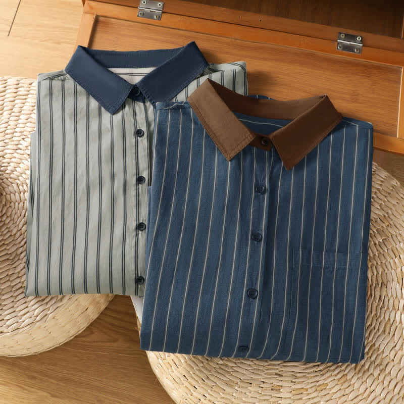 Buddha Stones Camicia da donna a maniche lunghe, casual, minimalista, con bottoni, a righe e profili a contrasto, ideale per la primavera/estate, con taschino applicato. - image 18