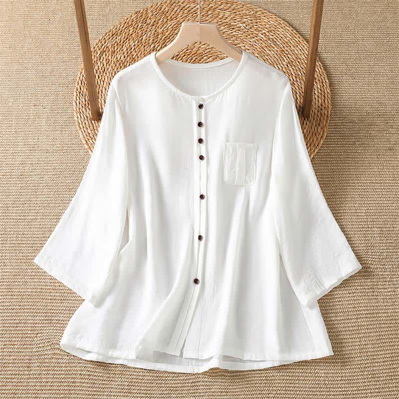Buddha Stones Camicia da donna primaverile casual e minimalista a maniche a tre quarti con taschino applicato, tinta unita e bottoni. - Bianco - US4-8/10, UK/AU8-12/14, EU36-40/42 (F) - image 29