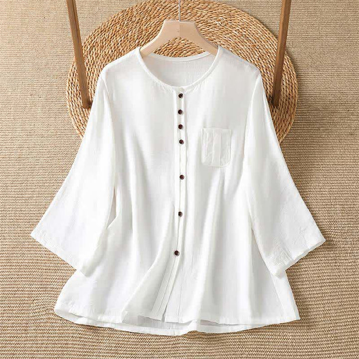 Buddha Stones Camicia da donna primaverile casual e minimalista a maniche a tre quarti con taschino applicato, tinta unita e bottoni. - Bianco - US4-8/10, UK/AU8-12/14, EU36-40/42 (F) - image 29