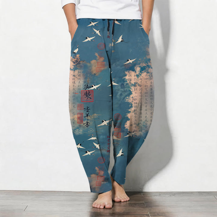 Buddha Stones Pantaloni da uomo affusolati con coulisse e tasche, in puro cotone, con motivo calligrafico di gru e nuvole. - Verde acqua - US/UK/AU50, EU60 (5XL) - image 0