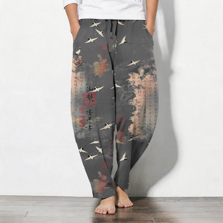 Buddha Stones Pantaloni da uomo affusolati con coulisse e tasche, in puro cotone, con motivo calligrafico di gru e nuvole. - Grigio tenue - US/UK/AU50, EU60 (5XL) - image 7