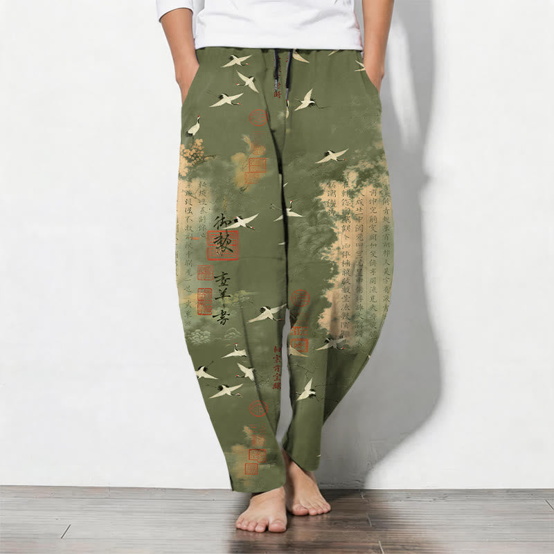Buddha Stones Pantaloni da uomo affusolati con coulisse e tasche, in puro cotone, con motivo calligrafico di gru e nuvole. - Verde oliva - US/UK/AU50, EU60 (5XL) - image 11