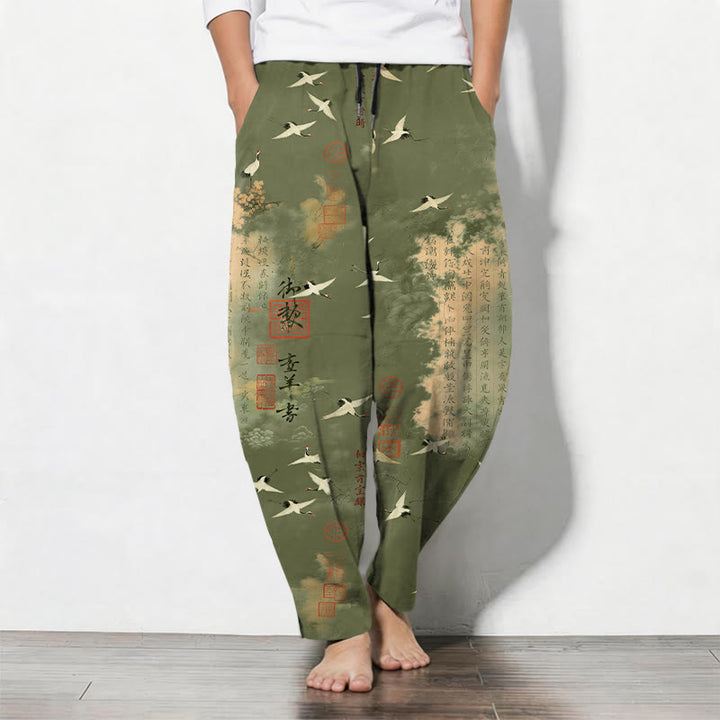 Buddha Stones Pantaloni da uomo affusolati con coulisse e tasche, in puro cotone, con motivo calligrafico di gru e nuvole. - Verde oliva - US/UK/AU50, EU60 (5XL) - image 11