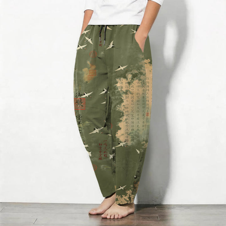 Buddha Stones Pantaloni da uomo affusolati con coulisse e tasche, in puro cotone, con motivo calligrafico di gru e nuvole. - image 12
