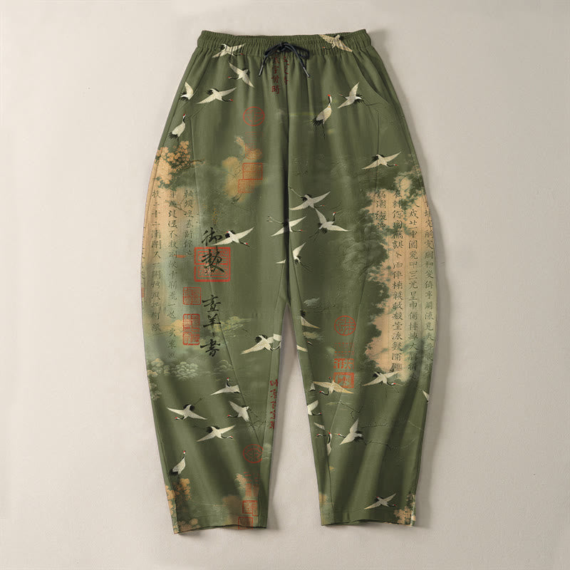 Buddha Stones Pantaloni da uomo affusolati con coulisse e tasche, in puro cotone, con motivo calligrafico di gru e nuvole. - image 13