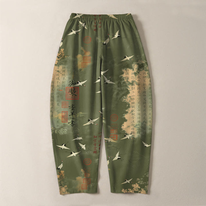 Buddha Stones Pantaloni da uomo affusolati con coulisse e tasche, in puro cotone, con motivo calligrafico di gru e nuvole. - image 14