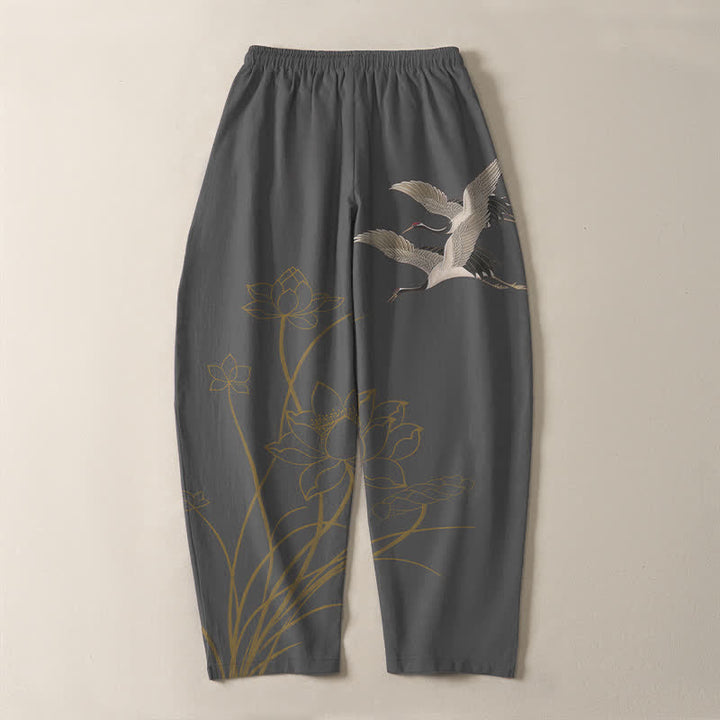 Buddha Stones Pantaloni da uomo affusolati con coulisse e tasche, in puro cotone, con motivo gru volante e loto. - image 3