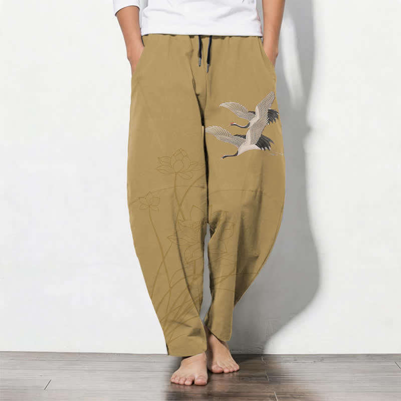 Buddha Stones Pantaloni da uomo affusolati con coulisse e tasche, in puro cotone, con motivo gru volante e loto. - Cachi scuro - US/UK/AU50, EU60 (5XL) - image 7