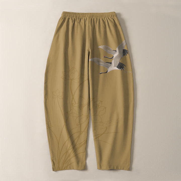 Buddha Stones Pantaloni da uomo affusolati con coulisse e tasche, in puro cotone, con motivo gru volante e loto. - image 10