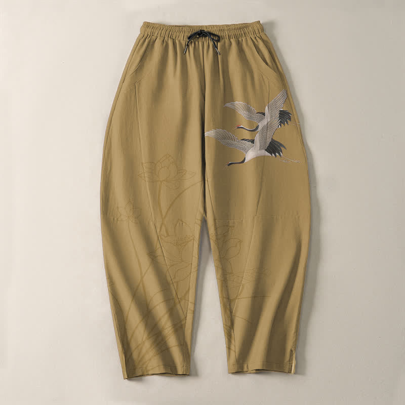 Buddha Stones Pantaloni da uomo affusolati con coulisse e tasche, in puro cotone, con motivo gru volante e loto. - image 9
