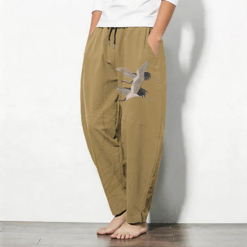 Buddha Stones Pantaloni da uomo affusolati con coulisse e tasche, in puro cotone, con motivo gru volante e loto. - image 8