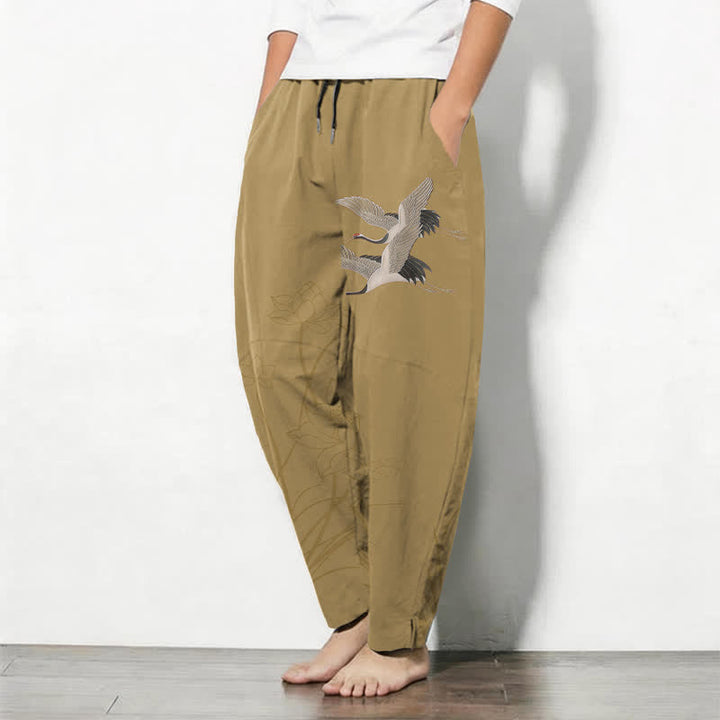 Buddha Stones Pantaloni da uomo affusolati con coulisse e tasche, in puro cotone, con motivo gru volante e loto. - image 8