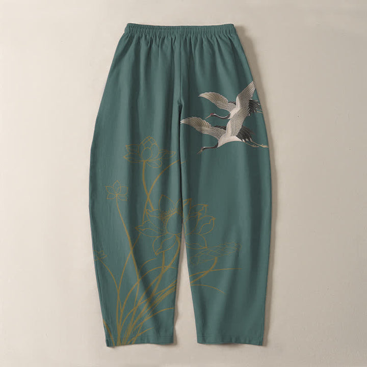 Buddha Stones Pantaloni da uomo affusolati con coulisse e tasche, in puro cotone, con motivo gru volante e loto. - image 14