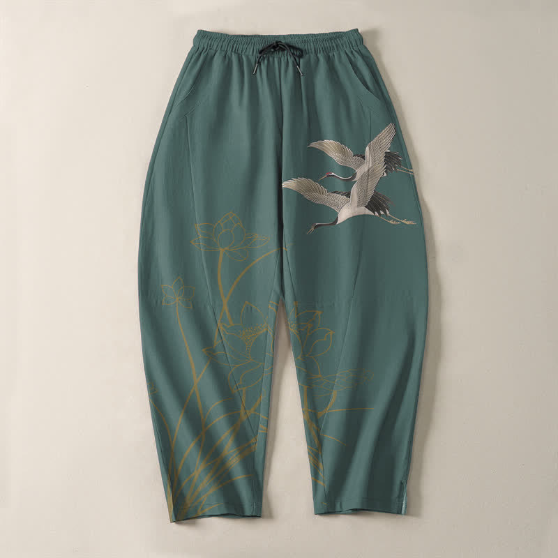 Buddha Stones Pantaloni da uomo affusolati con coulisse e tasche, in puro cotone, con motivo gru volante e loto. - image 13