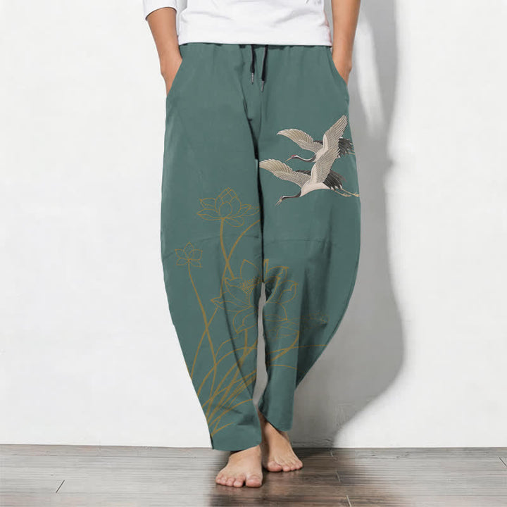 Buddha Stones Pantaloni da uomo affusolati con coulisse e tasche, in puro cotone, con motivo gru volante e loto. - Verde acqua - US/UK/AU50, EU60 (5XL) - image 11