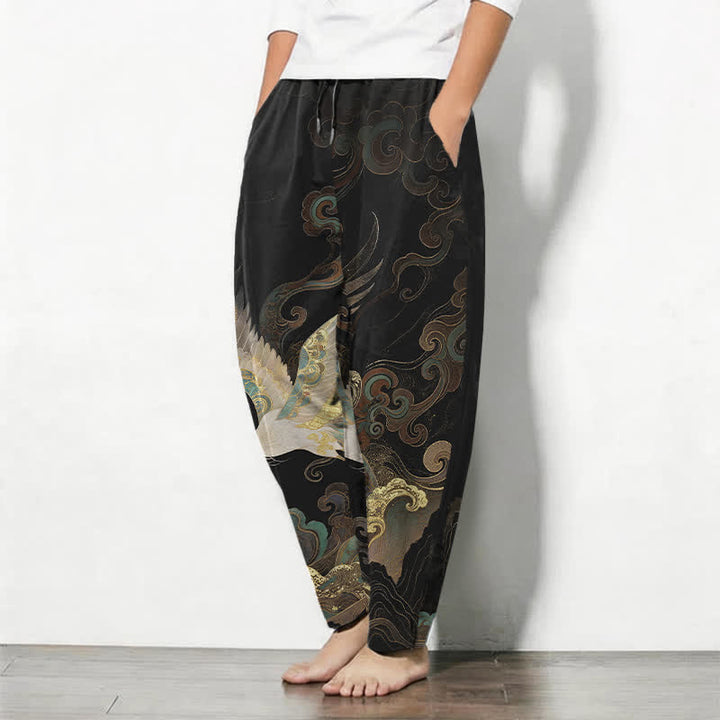 Buddha Stones Pantaloni da uomo affusolati con coulisse e tasche, in puro cotone, con motivo a onde e nuvole di gru. - image 1