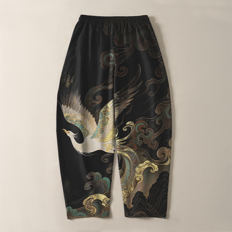 Buddha Stones Pantaloni da uomo affusolati con coulisse e tasche, in puro cotone, con motivo a onde e nuvole di gru. - image 3