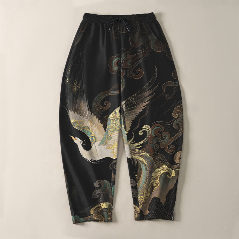 Buddha Stones Pantaloni da uomo affusolati con coulisse e tasche, in puro cotone, con motivo a onde e nuvole di gru. - image 2
