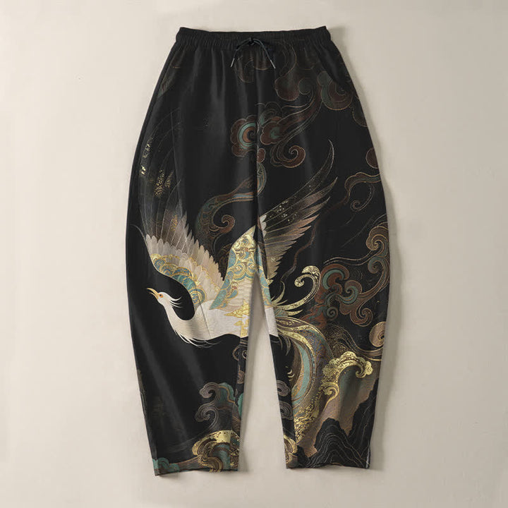 Buddha Stones Pantaloni da uomo affusolati con coulisse e tasche, in puro cotone, con motivo a onde e nuvole di gru. - image 2