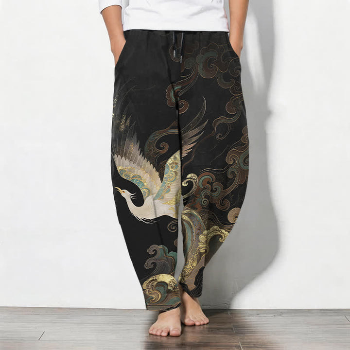 Buddha Stones Pantaloni da uomo affusolati con coulisse e tasche, in puro cotone, con motivo a onde e nuvole di gru. - Nero - US/UK/AU50, EU60 (5XL) - image 0