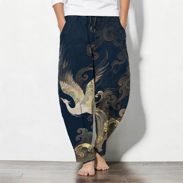 Buddha Stones Pantaloni da uomo affusolati con coulisse e tasche, in puro cotone, con motivo a onde e nuvole di gru. - Blu notte - US/UK/AU50, EU60 (5XL) - image 7