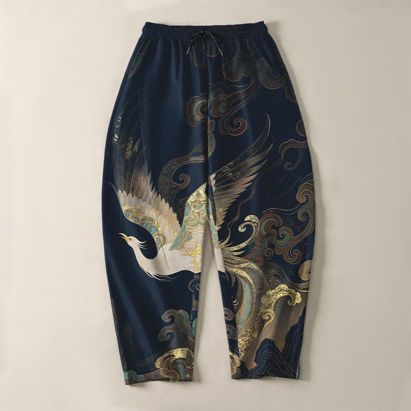 Buddha Stones Pantaloni da uomo affusolati con coulisse e tasche, in puro cotone, con motivo a onde e nuvole di gru. - image 9