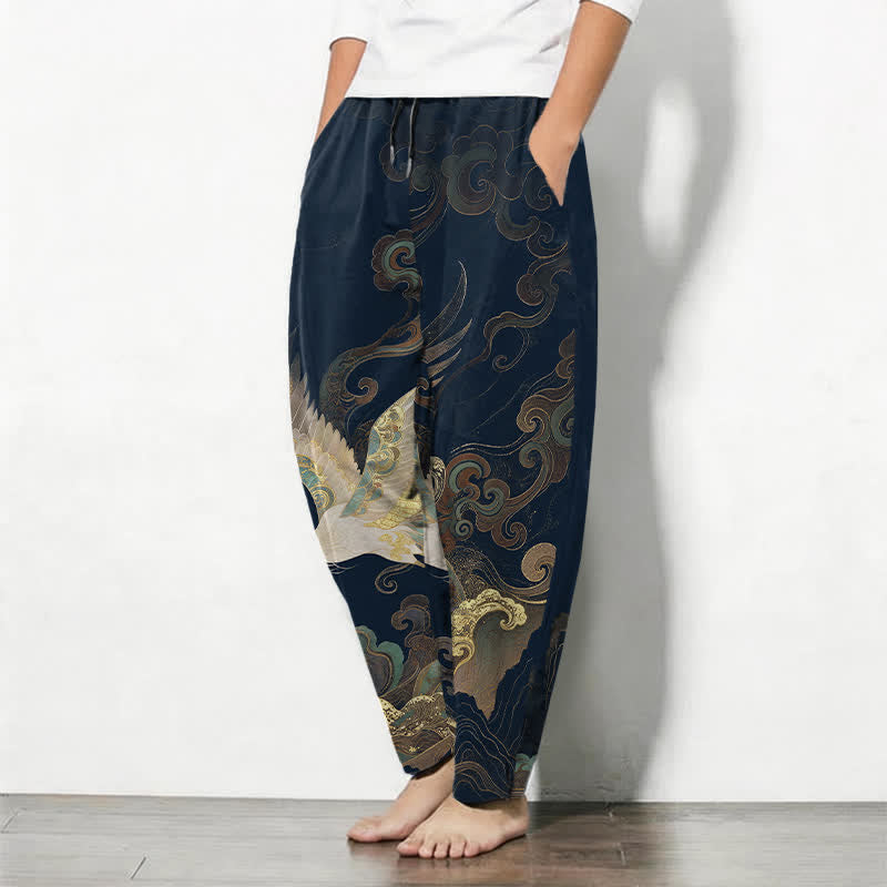 Buddha Stones Pantaloni da uomo affusolati con coulisse e tasche, in puro cotone, con motivo a onde e nuvole di gru. - image 8