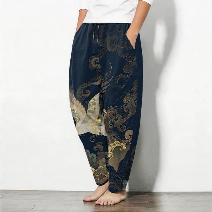 Buddha Stones Pantaloni da uomo affusolati con coulisse e tasche, in puro cotone, con motivo a onde e nuvole di gru. - image 8