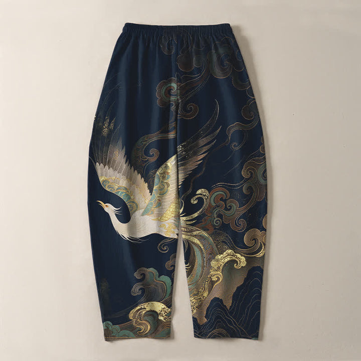 Buddha Stones Pantaloni da uomo affusolati con coulisse e tasche, in puro cotone, con motivo a onde e nuvole di gru. - image 10