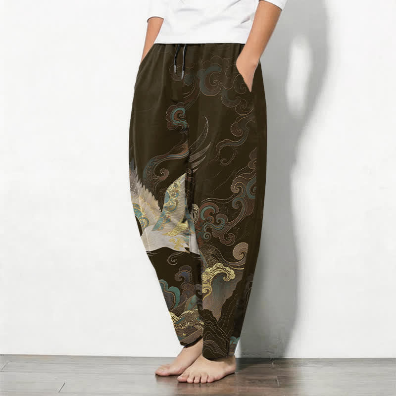 Buddha Stones Pantaloni da uomo affusolati con coulisse e tasche, in puro cotone, con motivo a onde e nuvole di gru. - image 12