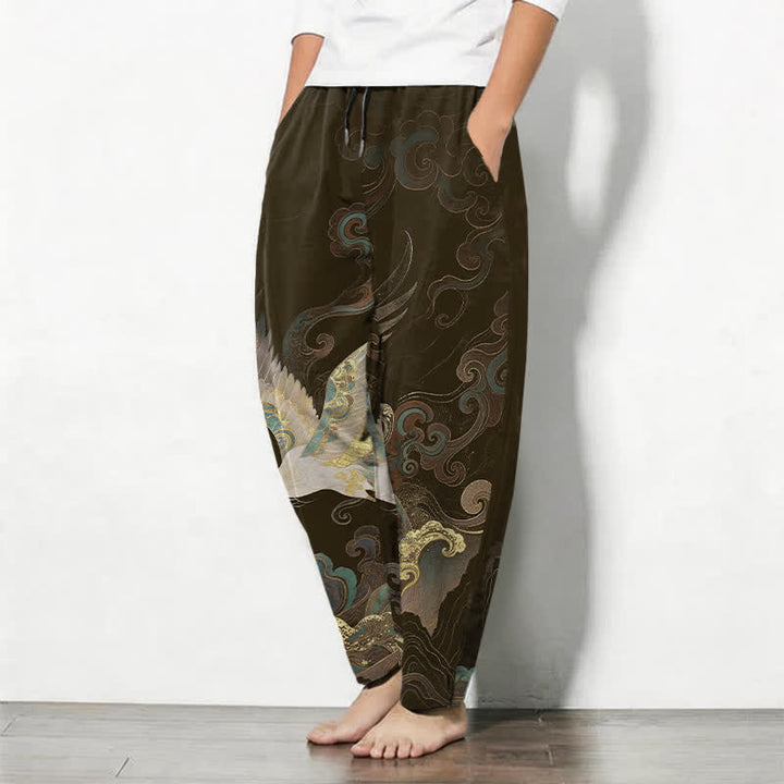 Buddha Stones Pantaloni da uomo affusolati con coulisse e tasche, in puro cotone, con motivo a onde e nuvole di gru. - image 12
