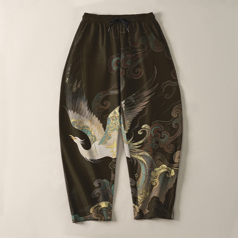 Buddha Stones Pantaloni da uomo affusolati con coulisse e tasche, in puro cotone, con motivo a onde e nuvole di gru. - image 13