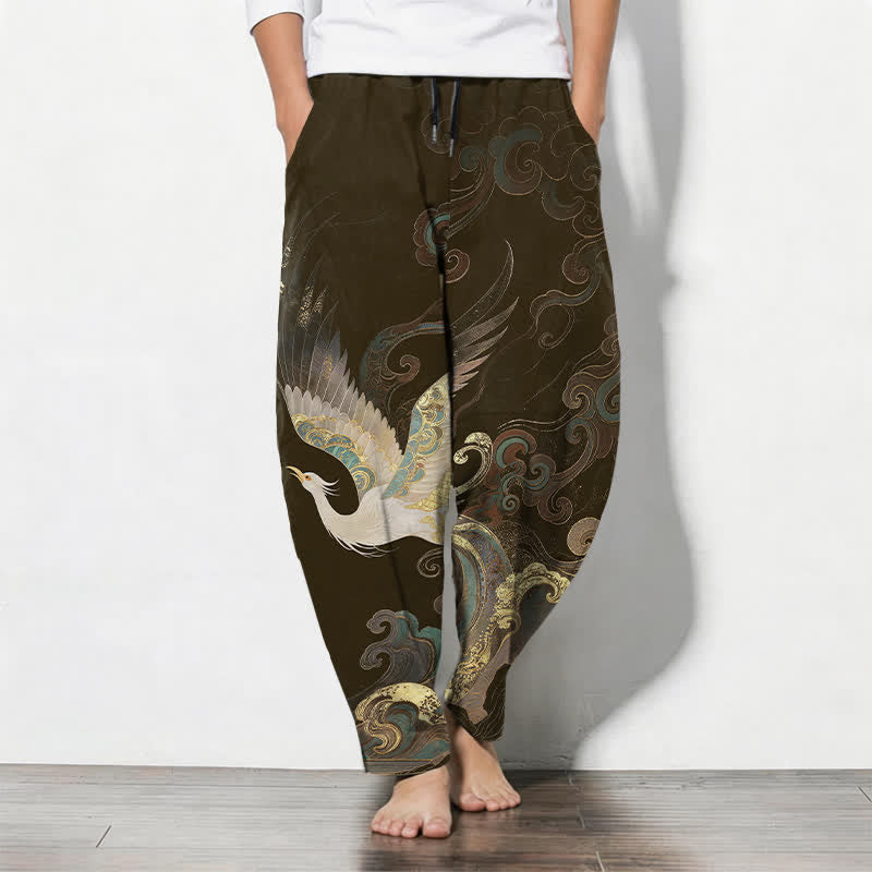 Buddha Stones Pantaloni da uomo affusolati con coulisse e tasche, in puro cotone, con motivo a onde e nuvole di gru. - Marrone sella - US/UK/AU50, EU60 (5XL) - image 11