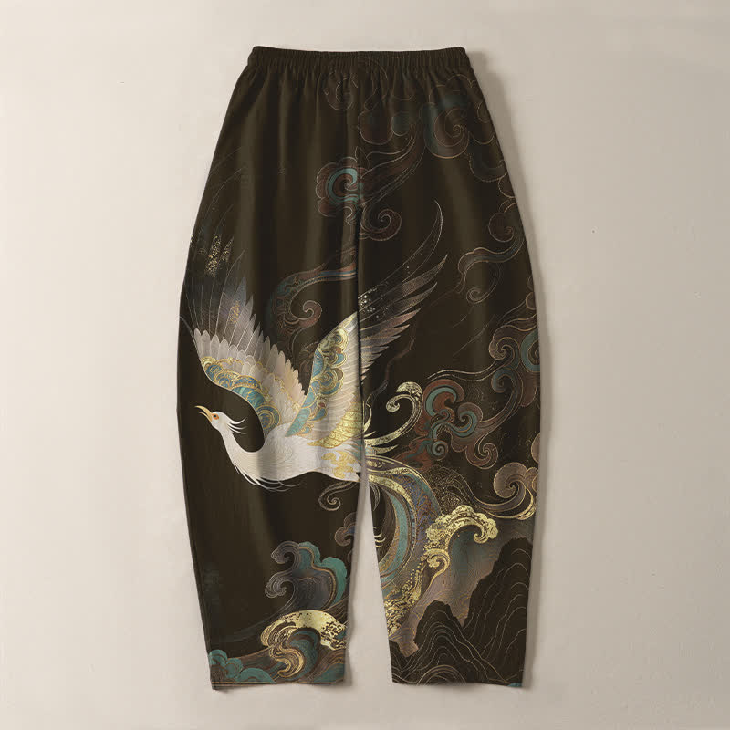 Buddha Stones Pantaloni da uomo affusolati con coulisse e tasche, in puro cotone, con motivo a onde e nuvole di gru. - image 14