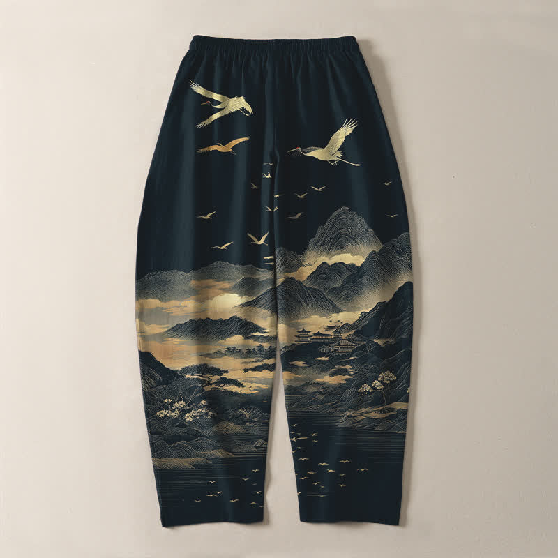 Buddha Stones Pantaloni da uomo affusolati con coulisse e tasche, in puro cotone, con motivo nuvola, montagna e gru. - image 3