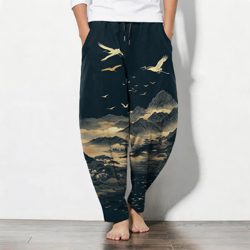 Buddha Stones Pantaloni da uomo affusolati con coulisse e tasche, in puro cotone, con motivo nuvola, montagna e gru. - Blu mezzanotte - US/UK/AU50, EU60 (5XL) - image 0