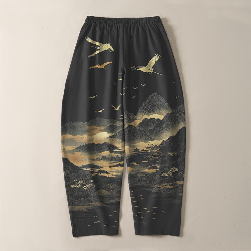 Buddha Stones Pantaloni da uomo affusolati con coulisse e tasche, in puro cotone, con motivo nuvola, montagna e gru. - image 10