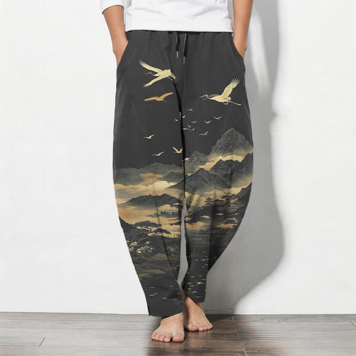 Buddha Stones Pantaloni da uomo affusolati con coulisse e tasche, in puro cotone, con motivo nuvola, montagna e gru. - Grigio tenue - US/UK/AU50, EU60 (5XL) - image 7