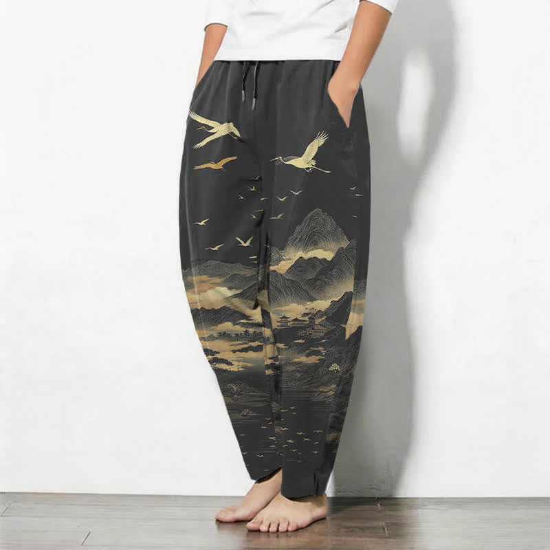 Buddha Stones Pantaloni da uomo affusolati con coulisse e tasche, in puro cotone, con motivo nuvola, montagna e gru. - image 8