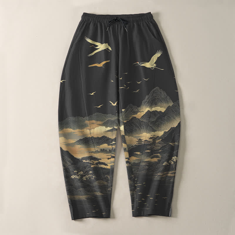 Buddha Stones Pantaloni da uomo affusolati con coulisse e tasche, in puro cotone, con motivo nuvola, montagna e gru. - image 9
