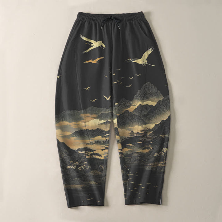 Buddha Stones Pantaloni da uomo affusolati con coulisse e tasche, in puro cotone, con motivo nuvola, montagna e gru. - image 9