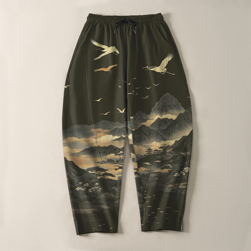 Buddha Stones Pantaloni da uomo affusolati con coulisse e tasche, in puro cotone, con motivo nuvola, montagna e gru. - image 13