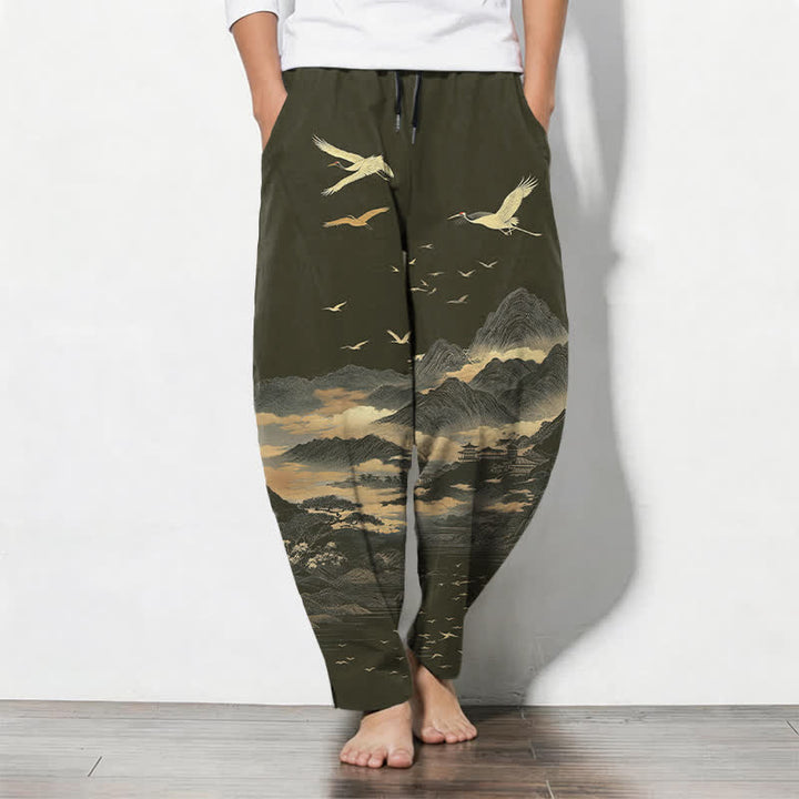 Buddha Stones Pantaloni da uomo affusolati con coulisse e tasche, in puro cotone, con motivo nuvola, montagna e gru. - Verde oliva scuro - US/UK/AU50, EU60 (5XL) - image 11