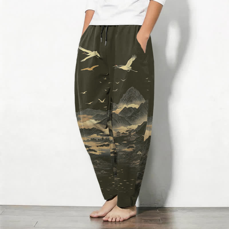 Buddha Stones Pantaloni da uomo affusolati con coulisse e tasche, in puro cotone, con motivo nuvola, montagna e gru. - image 12