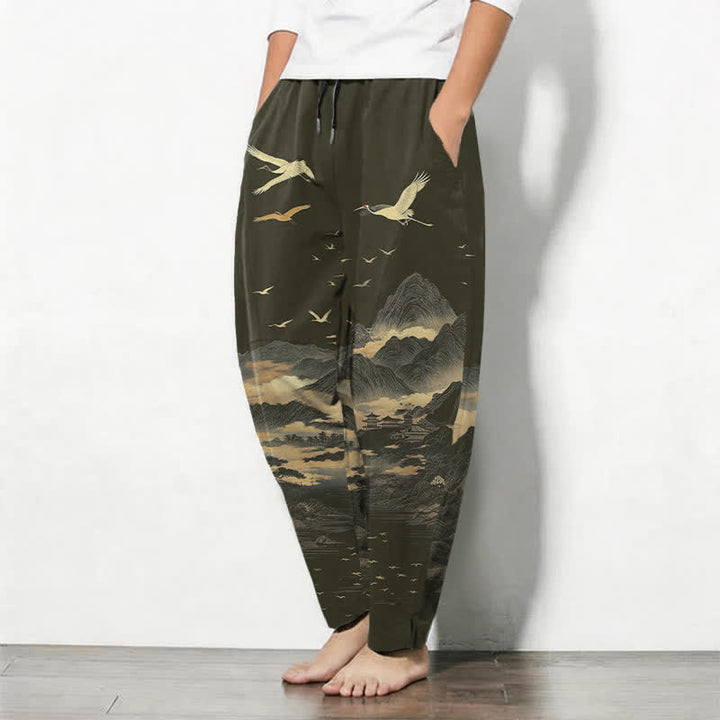 Buddha Stones Pantaloni da uomo affusolati con coulisse e tasche, in puro cotone, con motivo nuvola, montagna e gru. - image 12