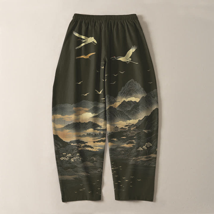 Buddha Stones Pantaloni da uomo affusolati con coulisse e tasche, in puro cotone, con motivo nuvola, montagna e gru. - image 14