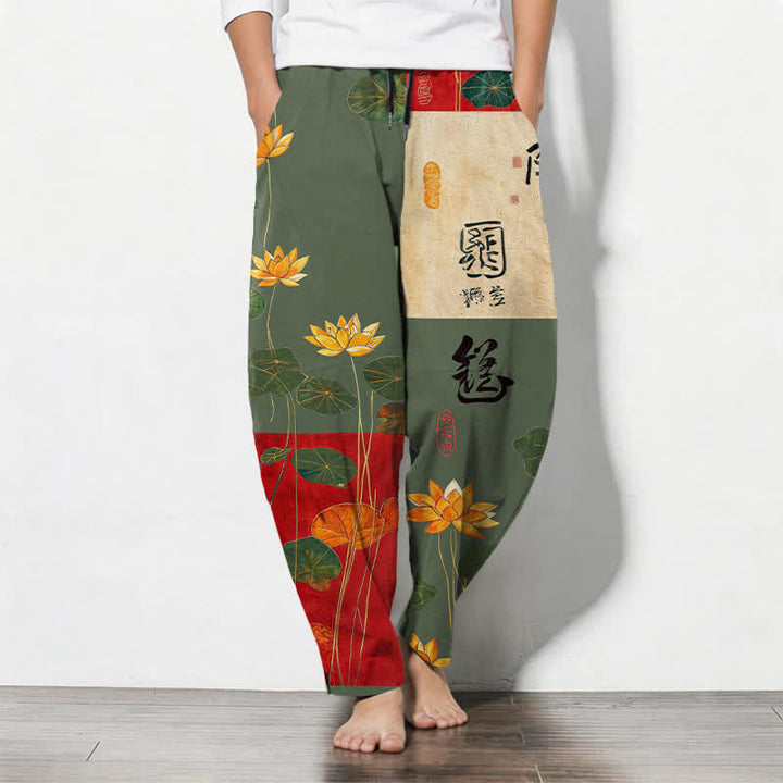 Buddha Stones Pantaloni da uomo affusolati con coulisse e tasche, in puro cotone, con motivo patchwork a calligrafia di loto. - Verde oliva - US/UK/AU50, EU60 (5XL) - image 11