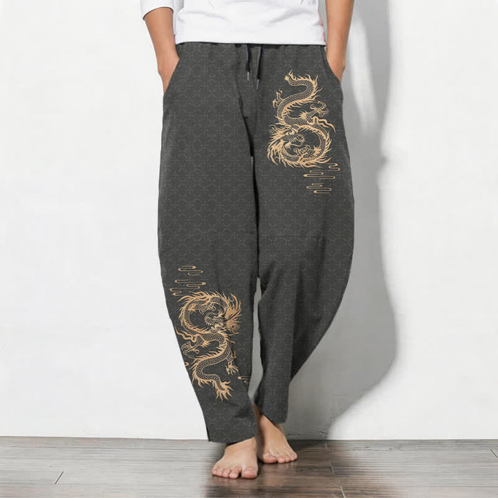 Buddha Stones Pantaloni da uomo affusolati in puro cotone con motivo drago dorato e coulisse, con tasche. - Grigio tenue - US/UK/AU50, EU60 (5XL) - image 0