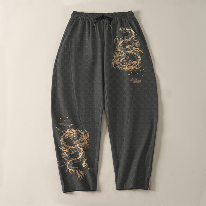 Buddha Stones Pantaloni da uomo affusolati in puro cotone con motivo drago dorato e coulisse, con tasche. - image 2