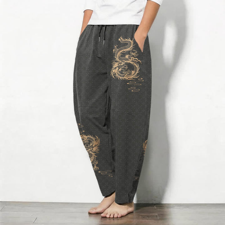 Buddha Stones Pantaloni da uomo affusolati in puro cotone con motivo drago dorato e coulisse, con tasche. - image 1